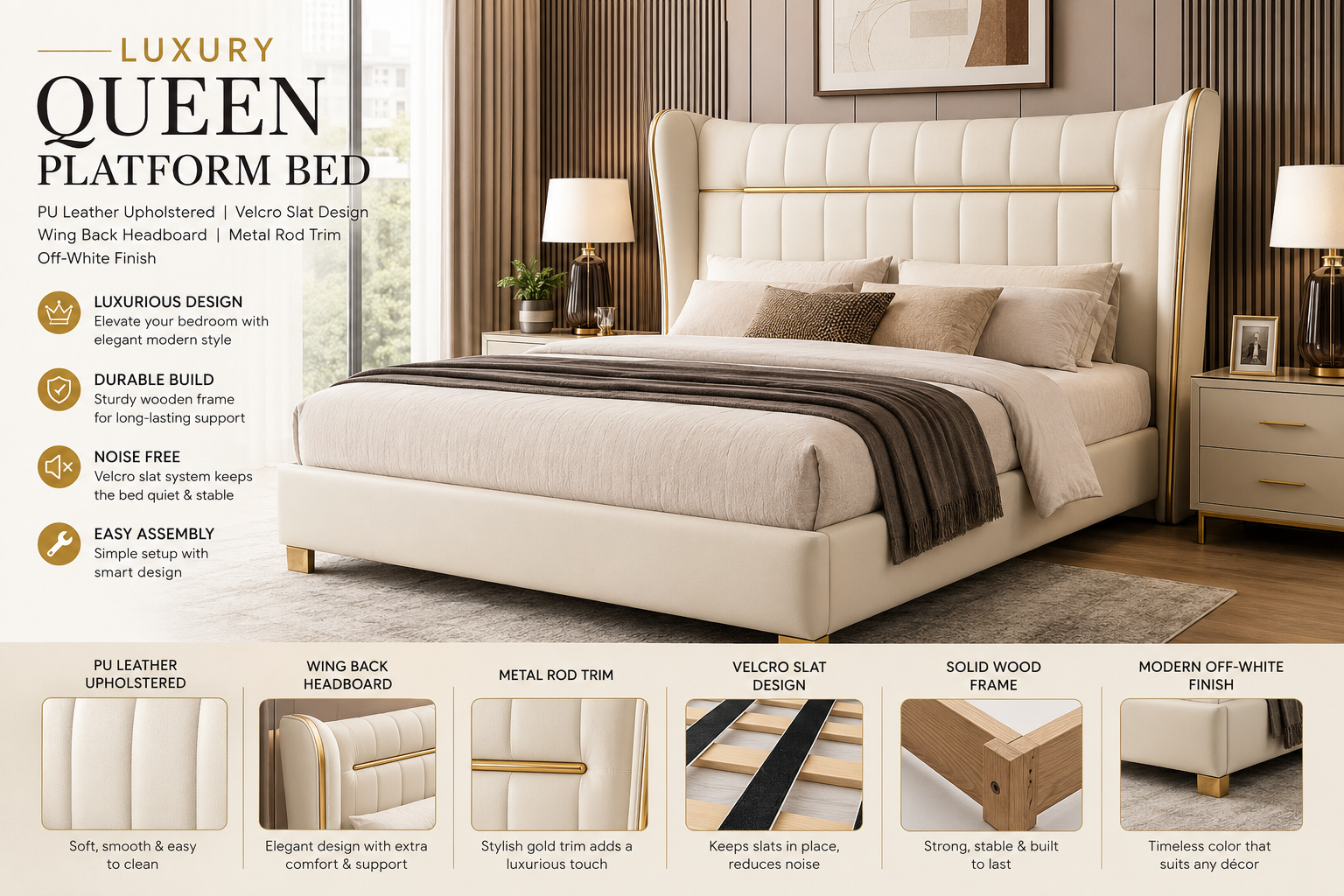 Luxury Queen Platform Bed, Double Bed, Wood Bed, PU Leather Upholstered, Velcro Slat Design, Headboard with Wing Back and Metal Rod Trim, Off-White