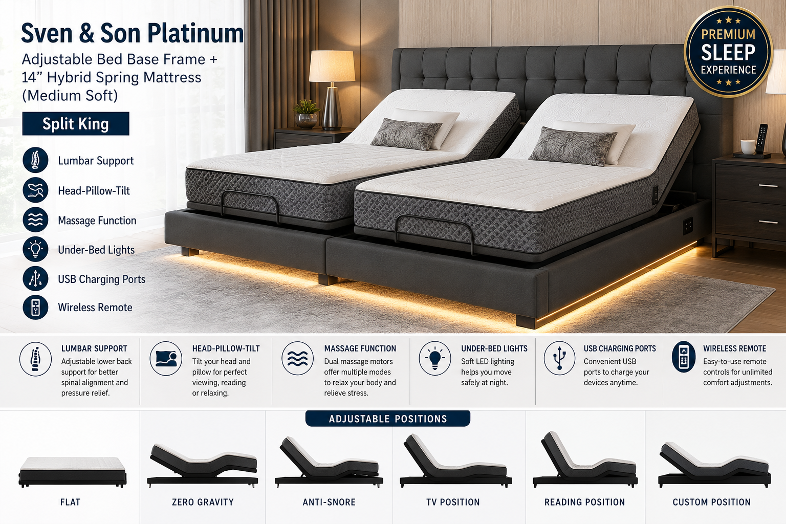 Sven & Son Platinum Adjustable Bed Base Frame + 14 inch Hybrid Spring Matt, Lumbar Support, Head-Pillow-Tilt, Massage, Under-Bed Lights, USB – Split King