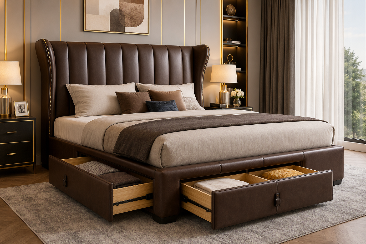 Luxury King Size Bed Set with Wingback Headboard and Storage Drawers Genuine Leather Bed Set with Wooden Slats Support Easy Assembly Noise Free No Box Spring Needed