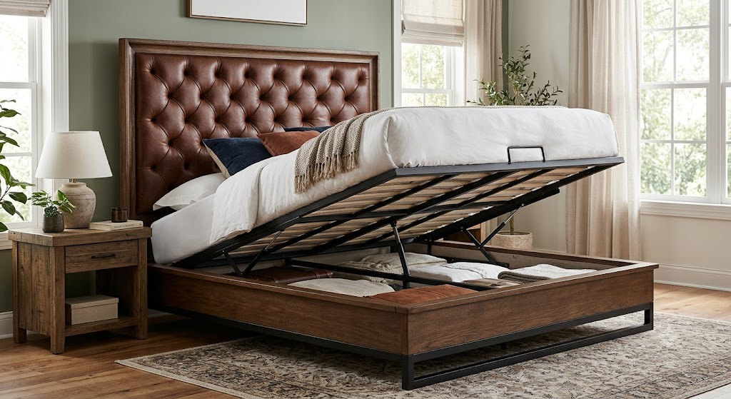 Luxury King Size Genuine Leather Wood Bed with Headboard and Lift Up Storage Wooden Slats and Metal Frame Support Easy Assembly Noise Free