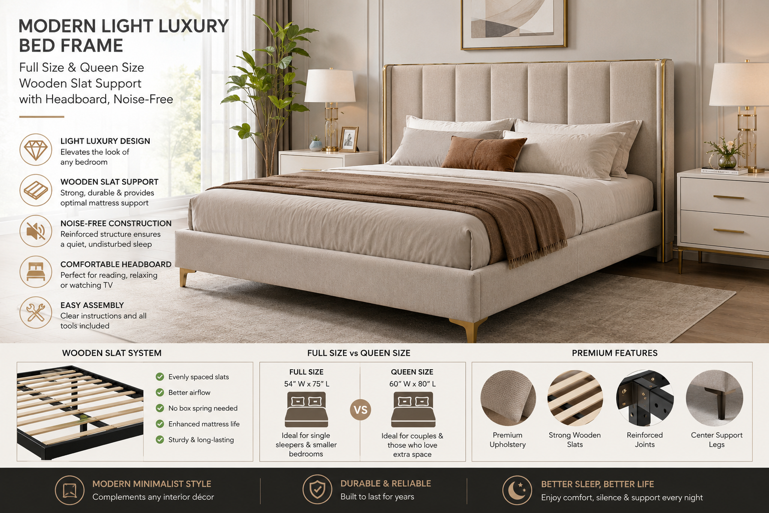 Modern Light Luxury Full Size Bed Frame, Queen Bed Frame Wooden Slats Support with Headboard, Noise-Free