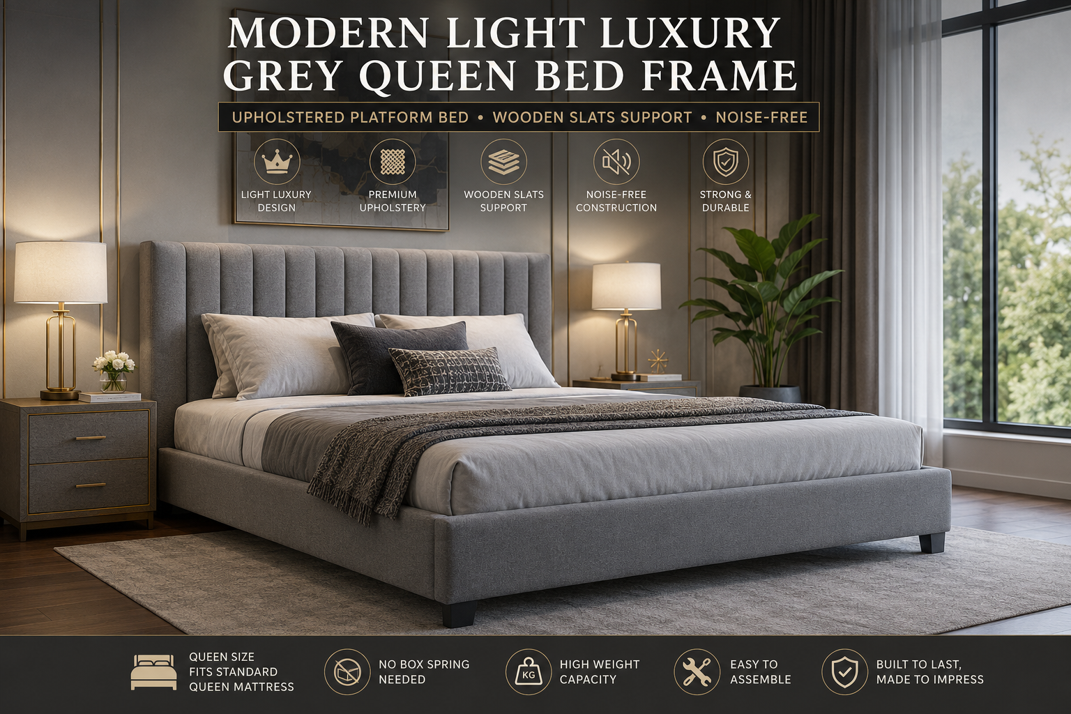 Modern Light Luxury Grey Queen Bed Frame, Upholstered Platform Bed Wooden Slats Suppor, Noise-Free