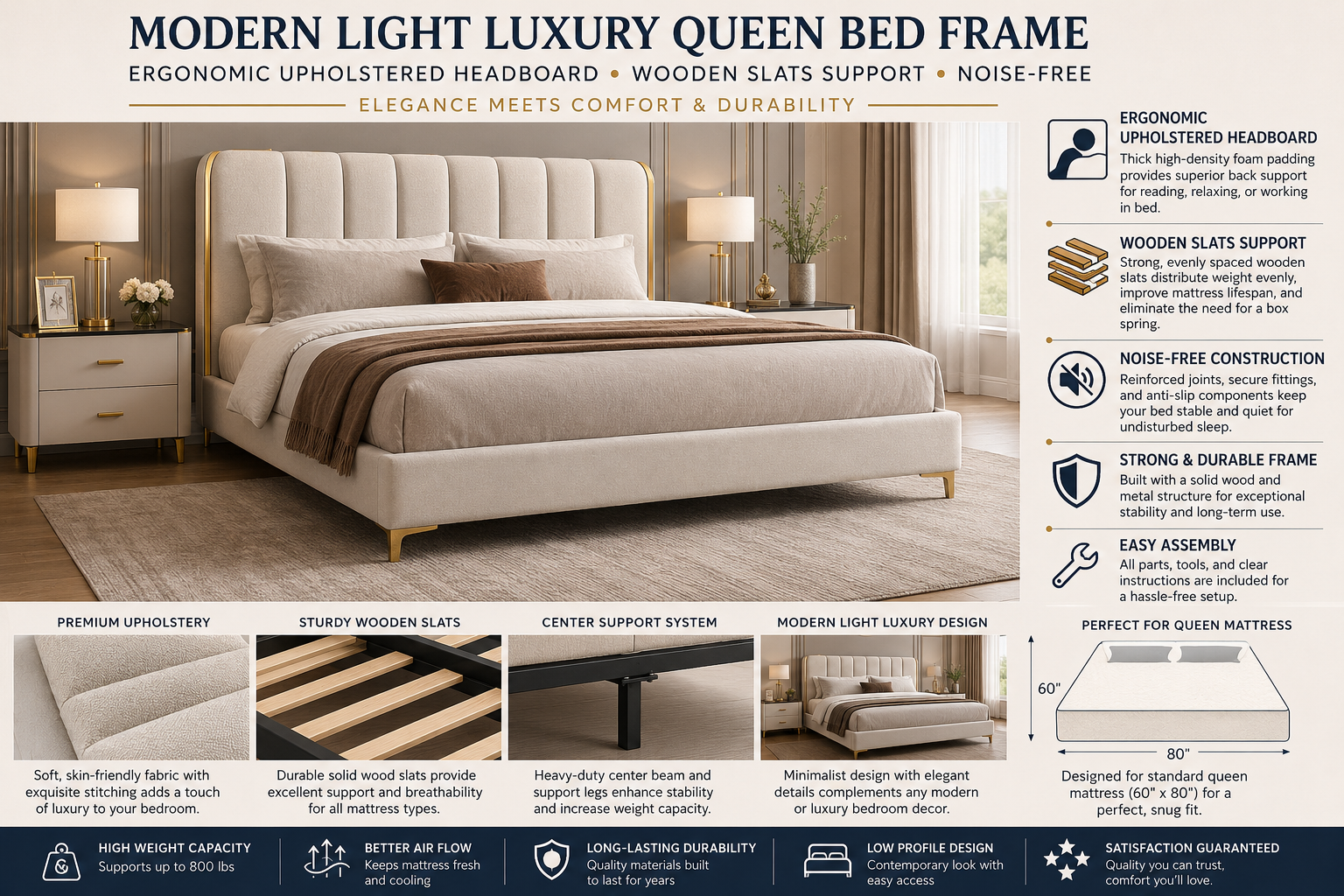 Modern Light Luxury Queen Bed Frame, Ergonomic Upholstered Headboard Wooden Slats Support Noise-Free