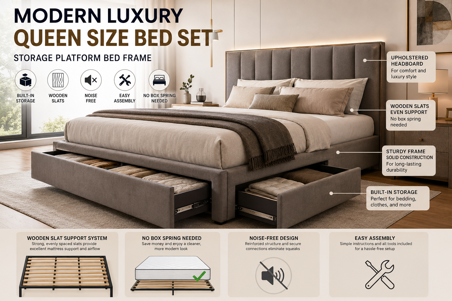 Modern Luxury Queen Size Bed Set Storage Platform Bed Frame with Wooden Slats No Box Spring Needed Easy Assembly Noise Free