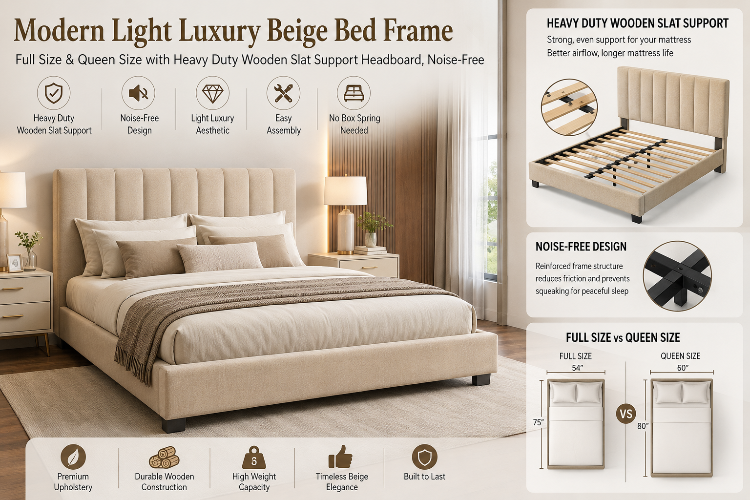 Modern Light Luxury Beige Full Size Bed Frame, Queen Bed Frame with Heavy Duty Wooden Slat Support Headboard, Noise-Free