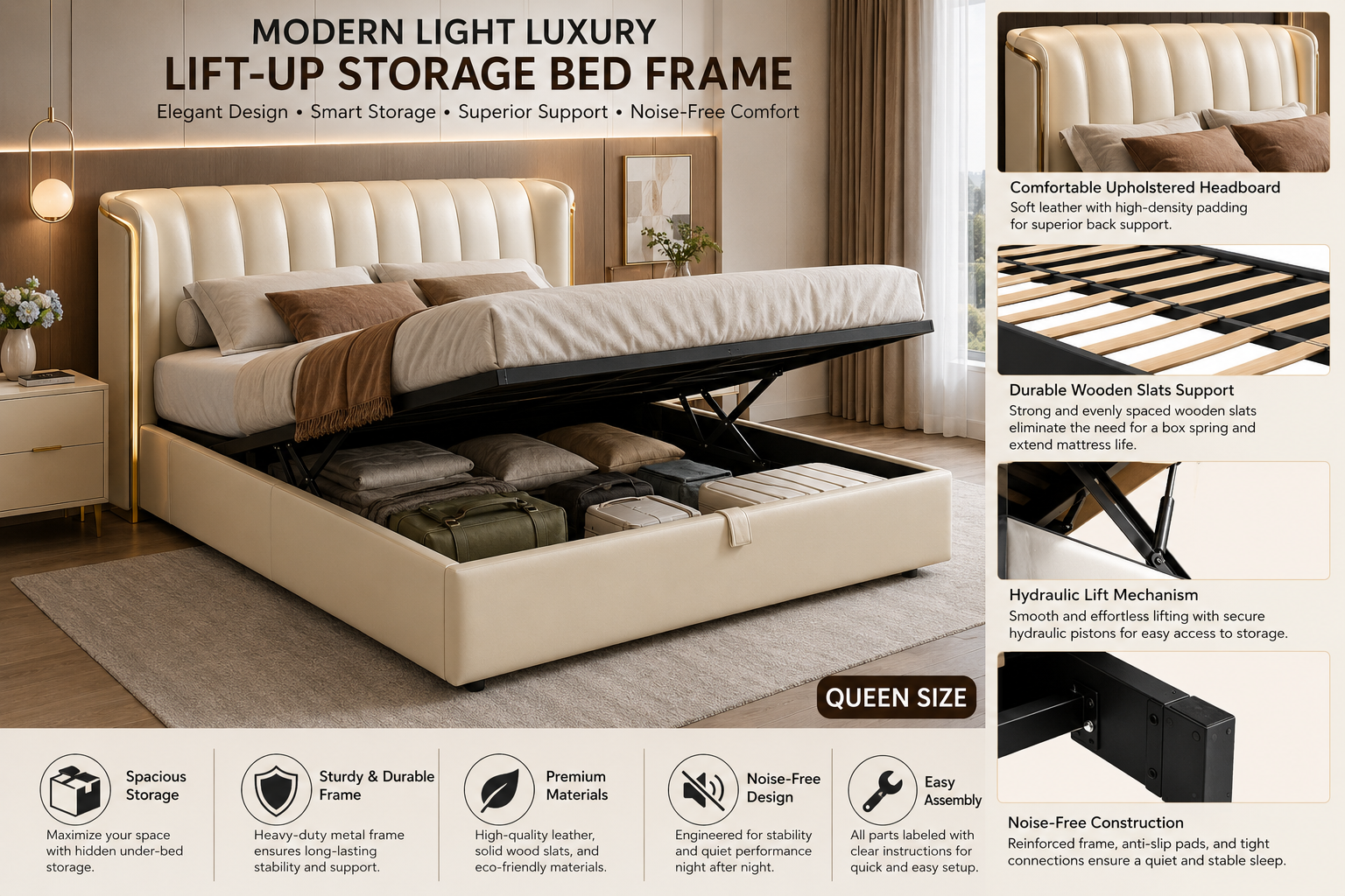 Modern Light Luxury Full Size Bed Frame, Queen Size Lift Up Storage Bed Leather Wooden Slats Support with Headboard, Noise-Free