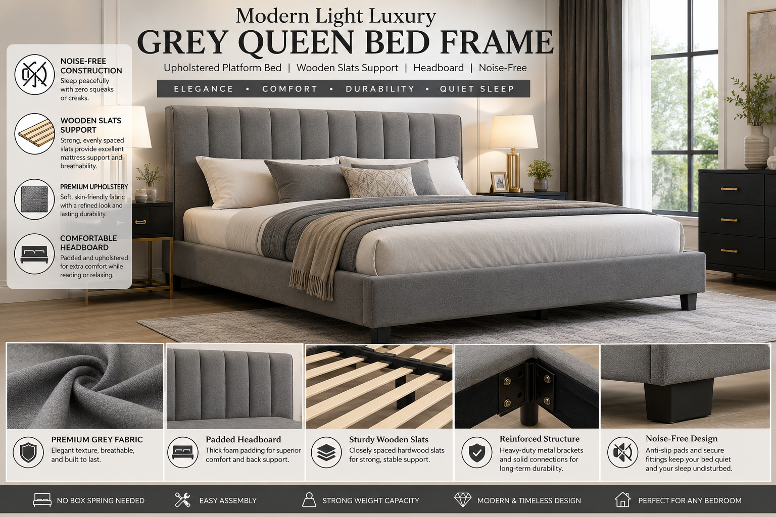 Modern Light Luxury Grey Queen Bed Frame, Upholstered Platform Bed Wooden Slats Support with Headboard Noise-Free