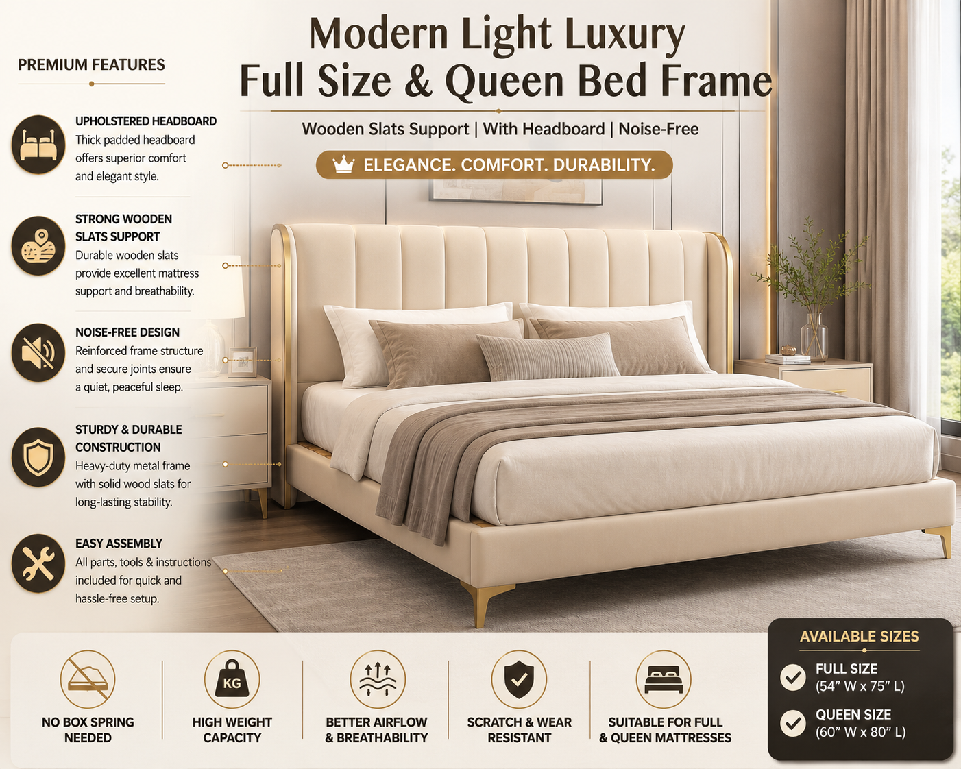 Modern Light Luxury Full Size Bed Frame, Queen Bed Frame Wooden Slats Support with Headboard, Noise-Free