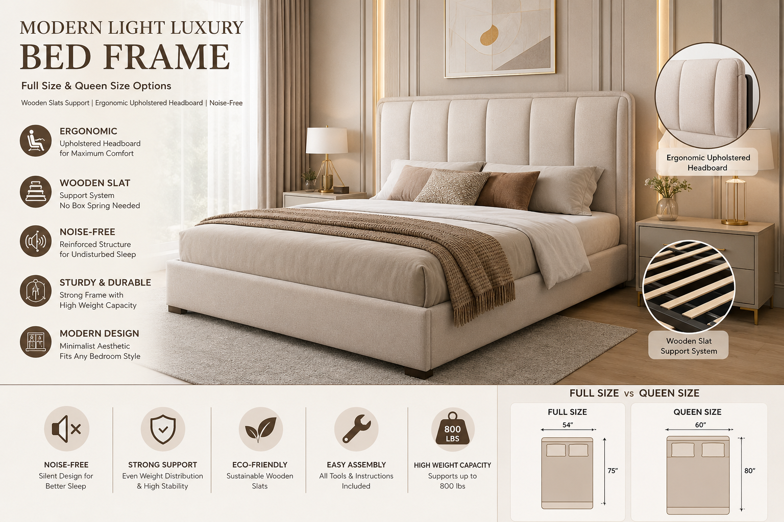 Modern Light Luxury Full Size Bed Frame, Queen Bed Frame Wooden Slats Support Ergonomic Upholstered Headboard, Noise-Free