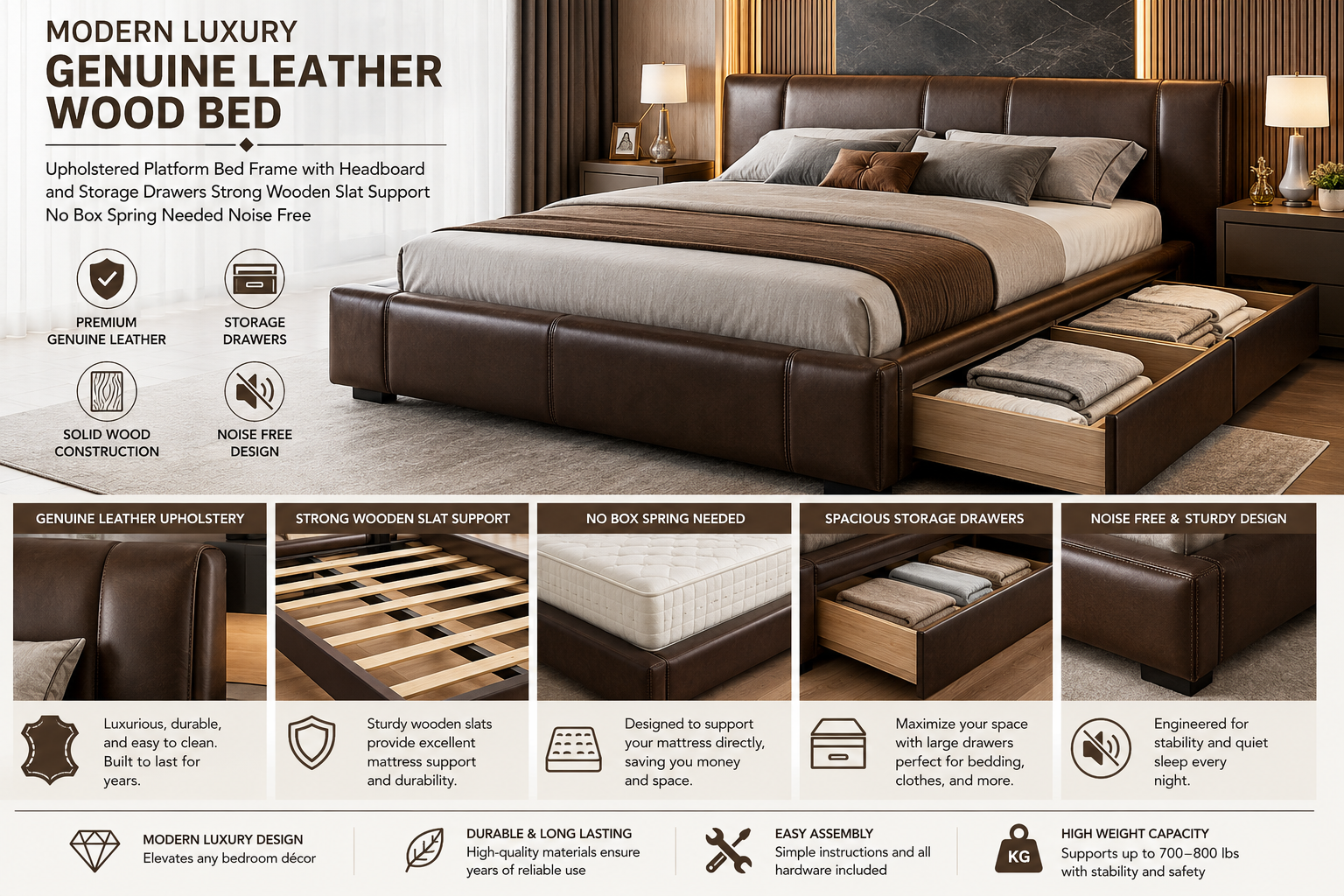 Modern luxury genuine leather platform bed with storage drawers