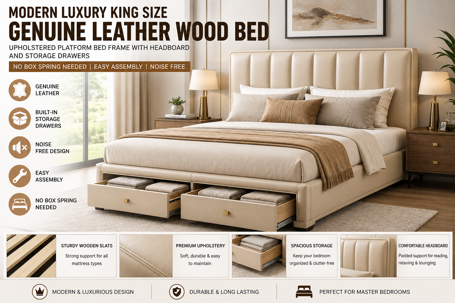 Modern Luxury King Size Genuine Leather Wood Bed Upholstered Platform Bed Frame with Headboard and Storage Drawers No Box Spring Needed Easy Assembly Noise Free