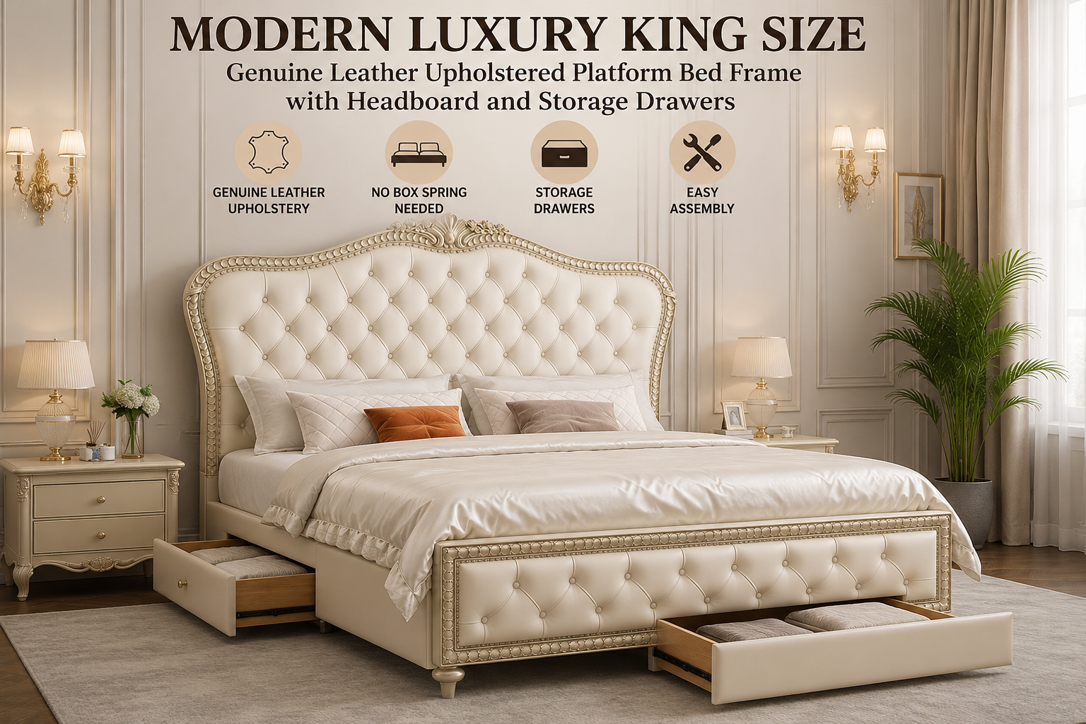 Modern Luxury King Size Genuine Leather Bed Upholstered Platform Bed Frame with Headboard and Storage Drawers No Box Spring Needed Easy Assembly