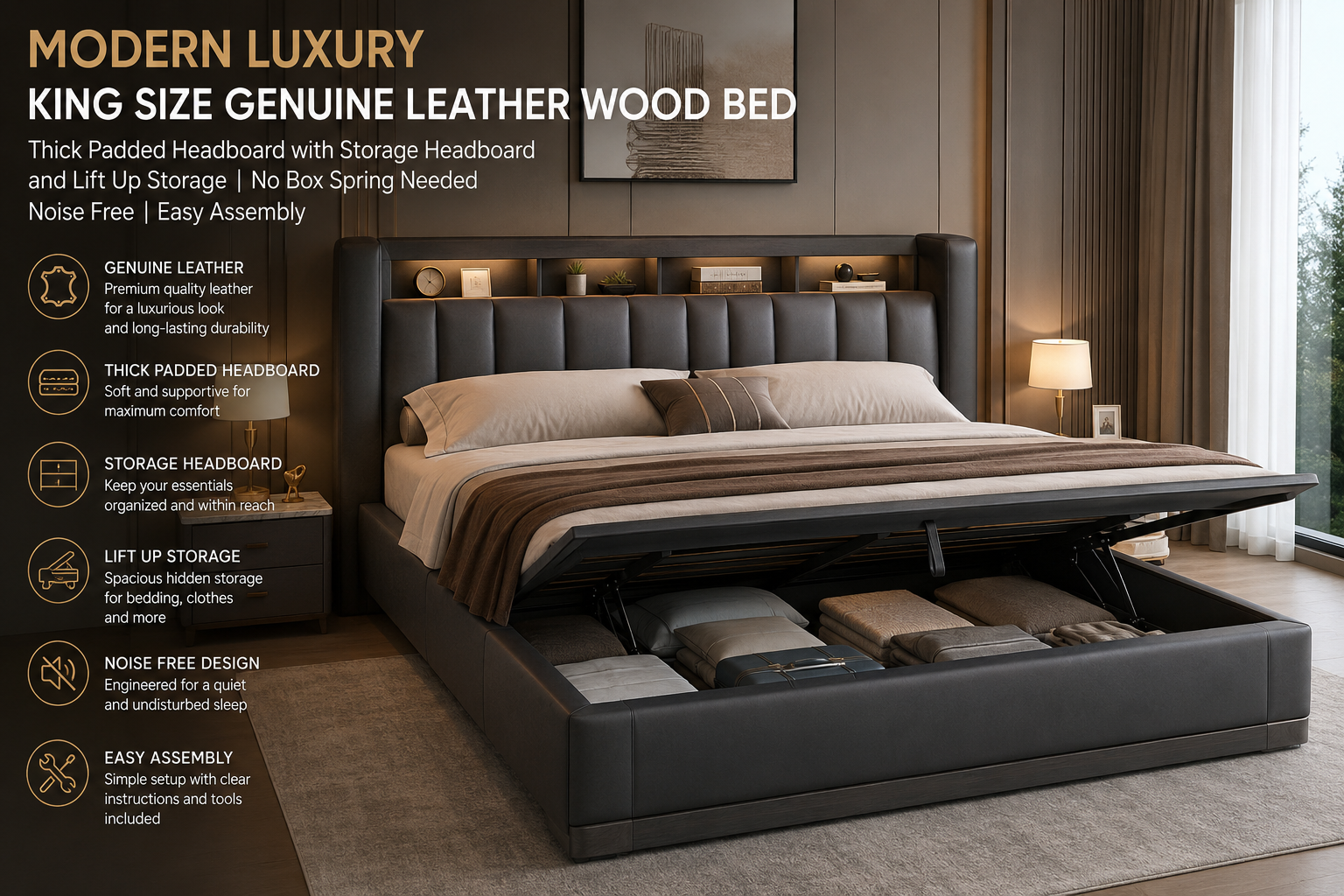 Modern Luxury King Size Genuine Leather Wood Bed Thick Padded Headboardwith Storage Headboard and Lift Up Storage No Box Spring Needed Noise Free Easy Assembly