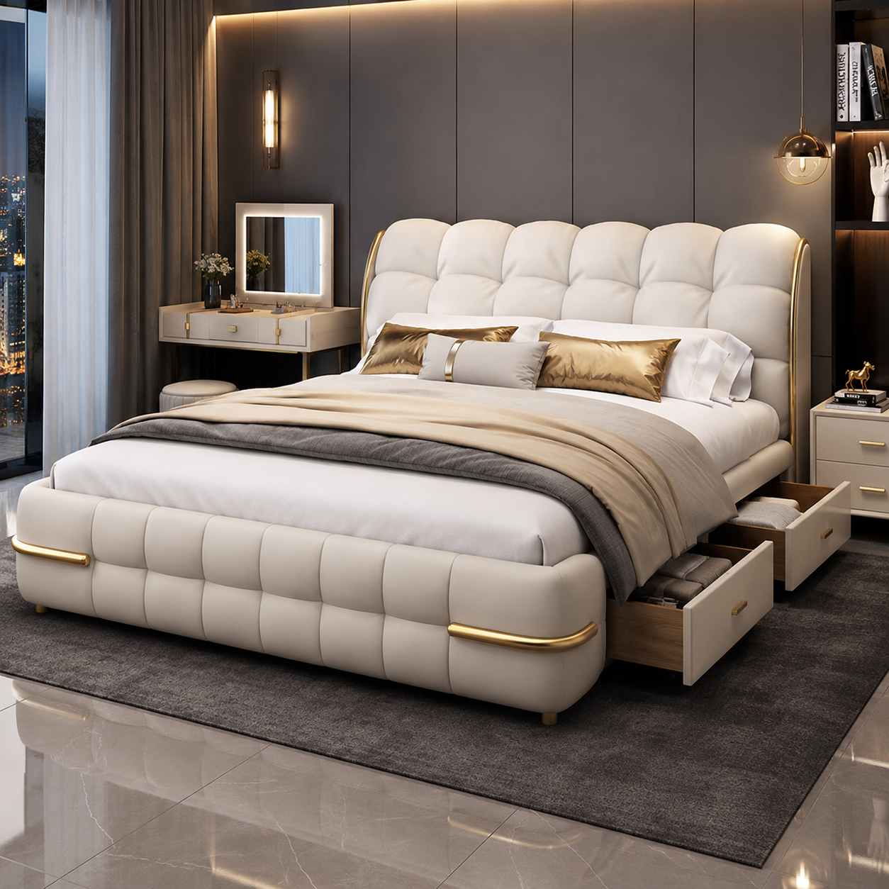 Modern Luxury King Size Genuine Leather Bed Upholstered Platform Bed Frame with Headboard and Storage Drawers No Box Spring Needed Easy Assembly Noise Free