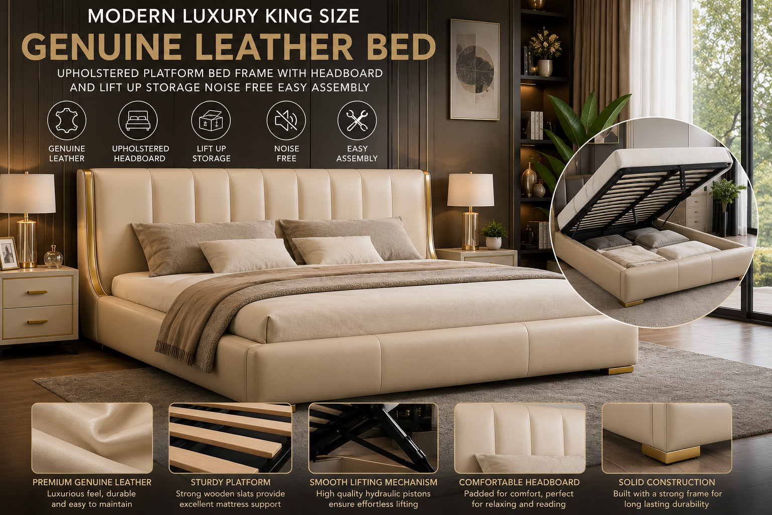 Modern Luxury King Size Genuine Leather Bed Upholstered Platform Bed Frame with Headboard and Lift Up Storage Noise Free Easy Assembly
