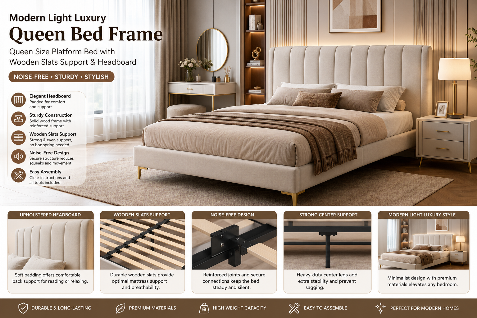 Modern Light Luxury Queen Bed Frame, Queen Size Platform Bed Wooden Slats Suppor with Headboard, Noise-Free
