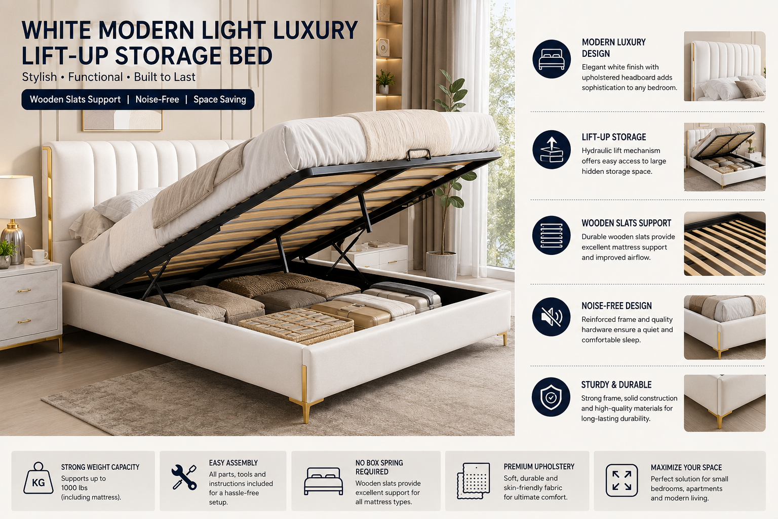 White Modern Light Luxury Full Size Queen Size Lift Up Storage Bed Queen Bed Frame Wooden Slats Support, Noise-Free