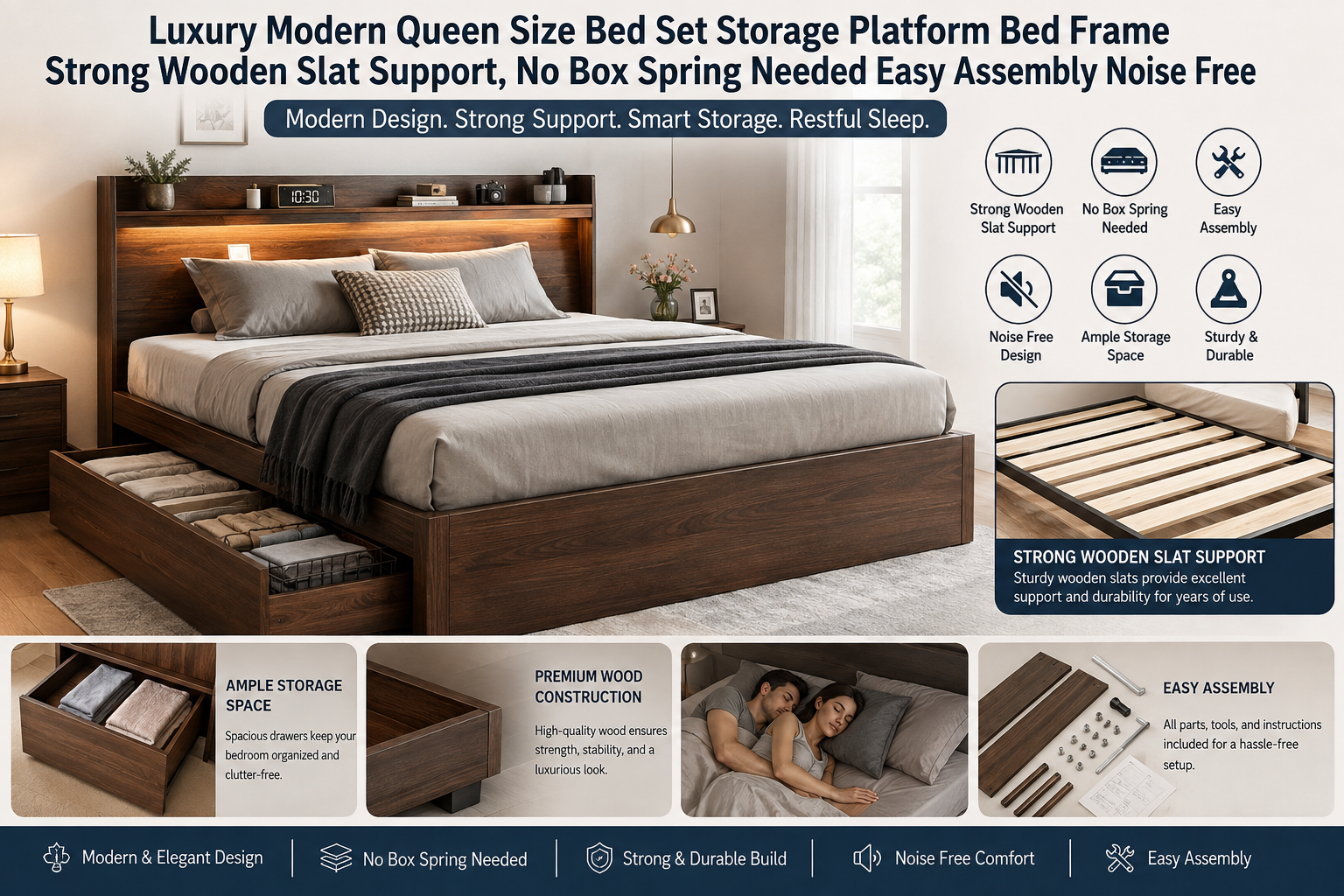 Luxury Modern Queen Size Bed Set Storage Platform Bed Frame Strong Wooden Slat Support,No Box Spring Needed Easy Assembly Noise Free