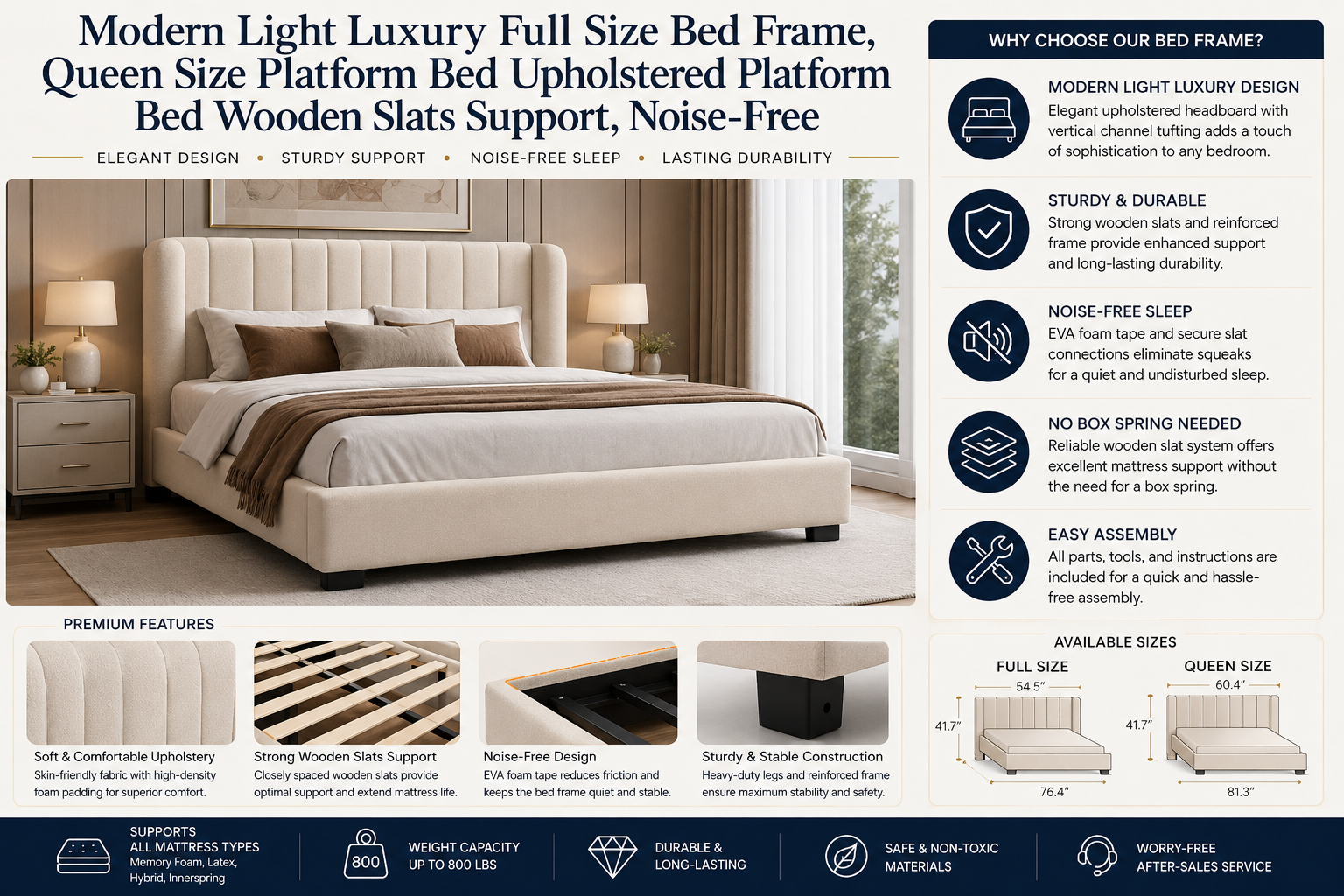 Modern Light Luxury Full Size Bed Frame, Queen Size Platform Bed Upholstered Platform Bed Wooden Slats Support, Noise-Free